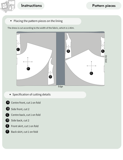 ROSALI Dress PDF Sewing Pattern lining cutting layout showing all required pattern pieces