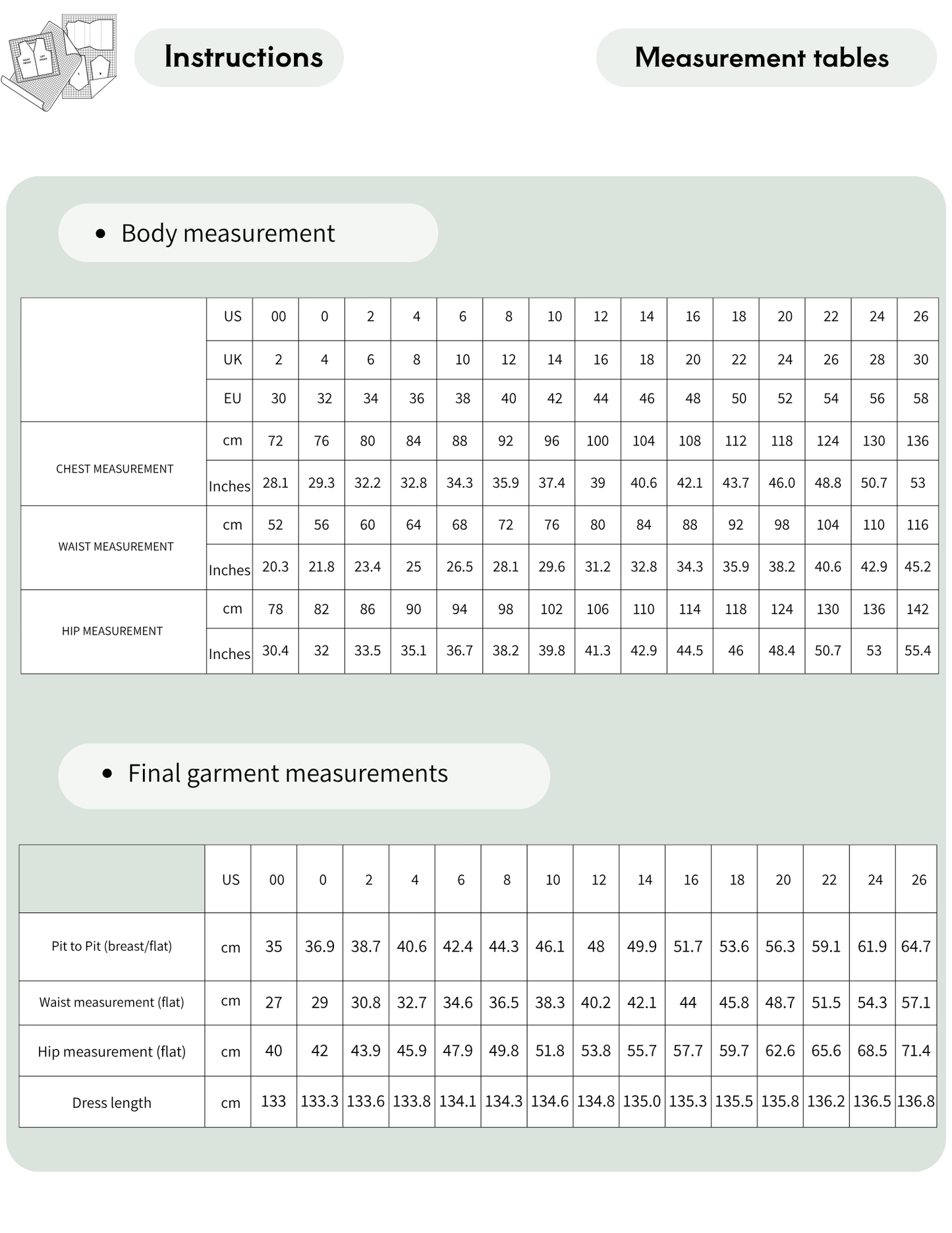 ROSALI Dress PDF Sewing Pattern measurement chart with body and finished garment measurements in 15 sizes EU 30–58