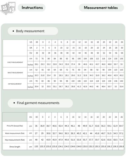 ROSALI Dress PDF Sewing Pattern measurement chart with body and finished garment measurements in 15 sizes EU 30–58
