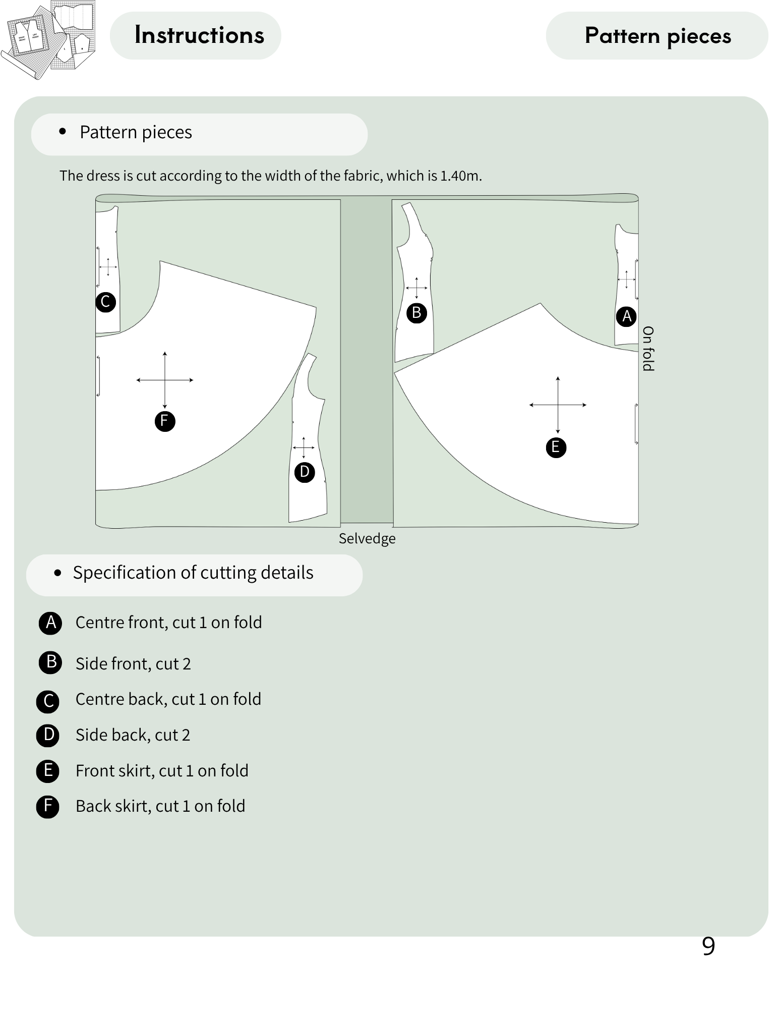 ROSALI Dress PDF Sewing Pattern pattern pieces and fabric cutting layout with front, back and skirt pieces