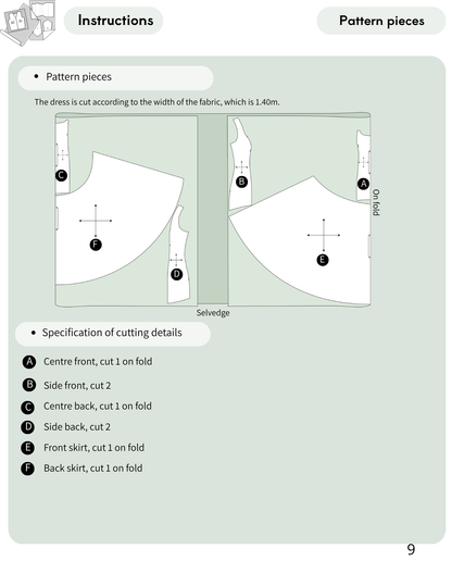 ROSALI Dress PDF Sewing Pattern pattern pieces and fabric cutting layout with front, back and skirt pieces