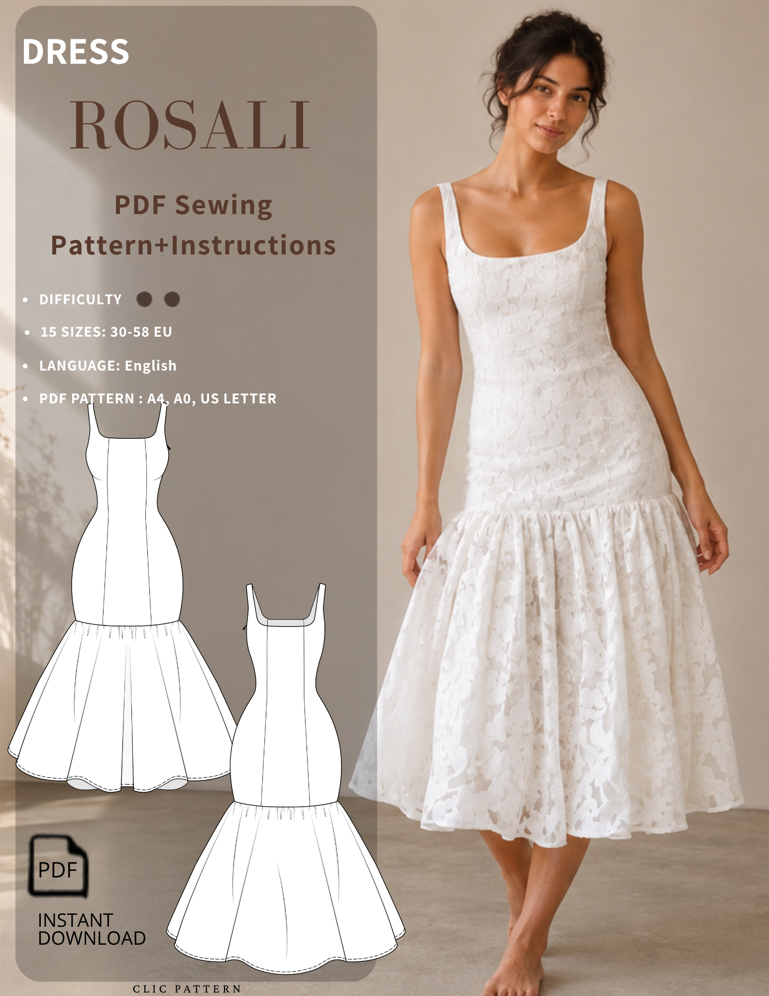 ROSALI Dress PDF Sewing Pattern cover featuring a fitted dress with square neckline and gathered skirt