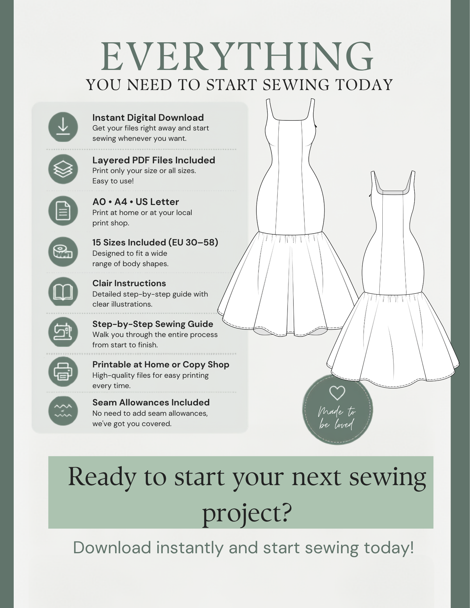 ROSALI Dress PDF Sewing Pattern features including layered PDF files, 15 sizes EU 30–58 and A0, A4 and US Letter formats