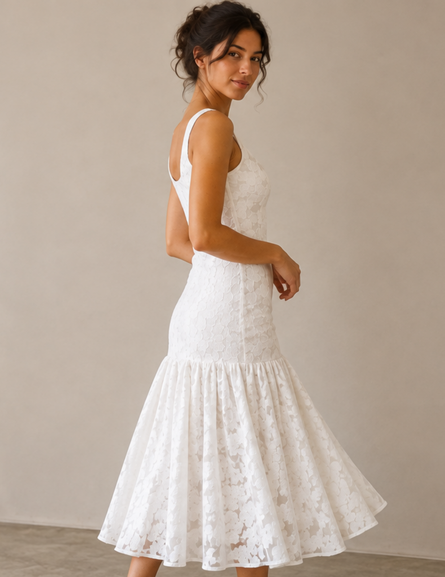 ROSALI Dress side view showing the fitted silhouette, square neckline, straps and gathered skirt