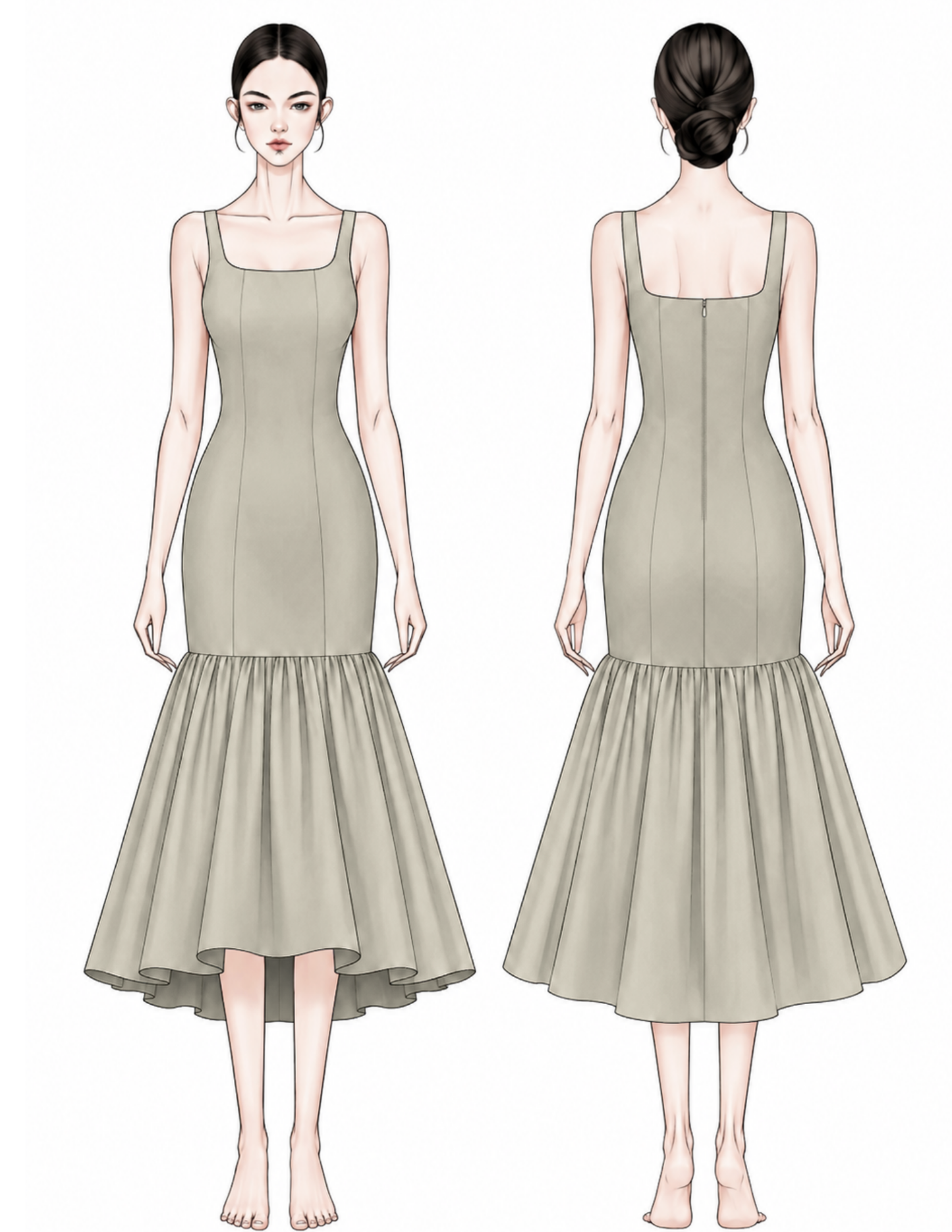 ROSALI Dress technical drawing showing front and back views of the fitted bodice and gathered skirt