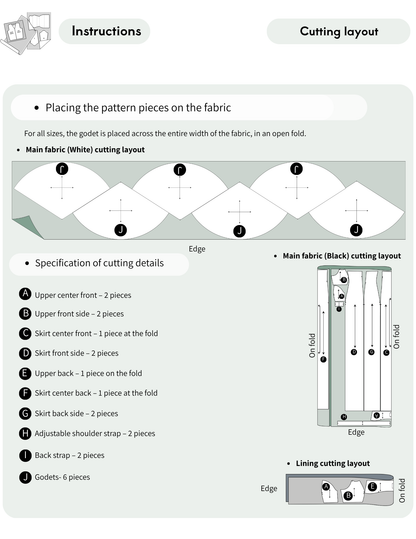 A sewing pattern cutting layout instruction sheet showing front and back fabric layout diagrams, labeled for main fabric and lining, with a list of cutting details and piece counts.