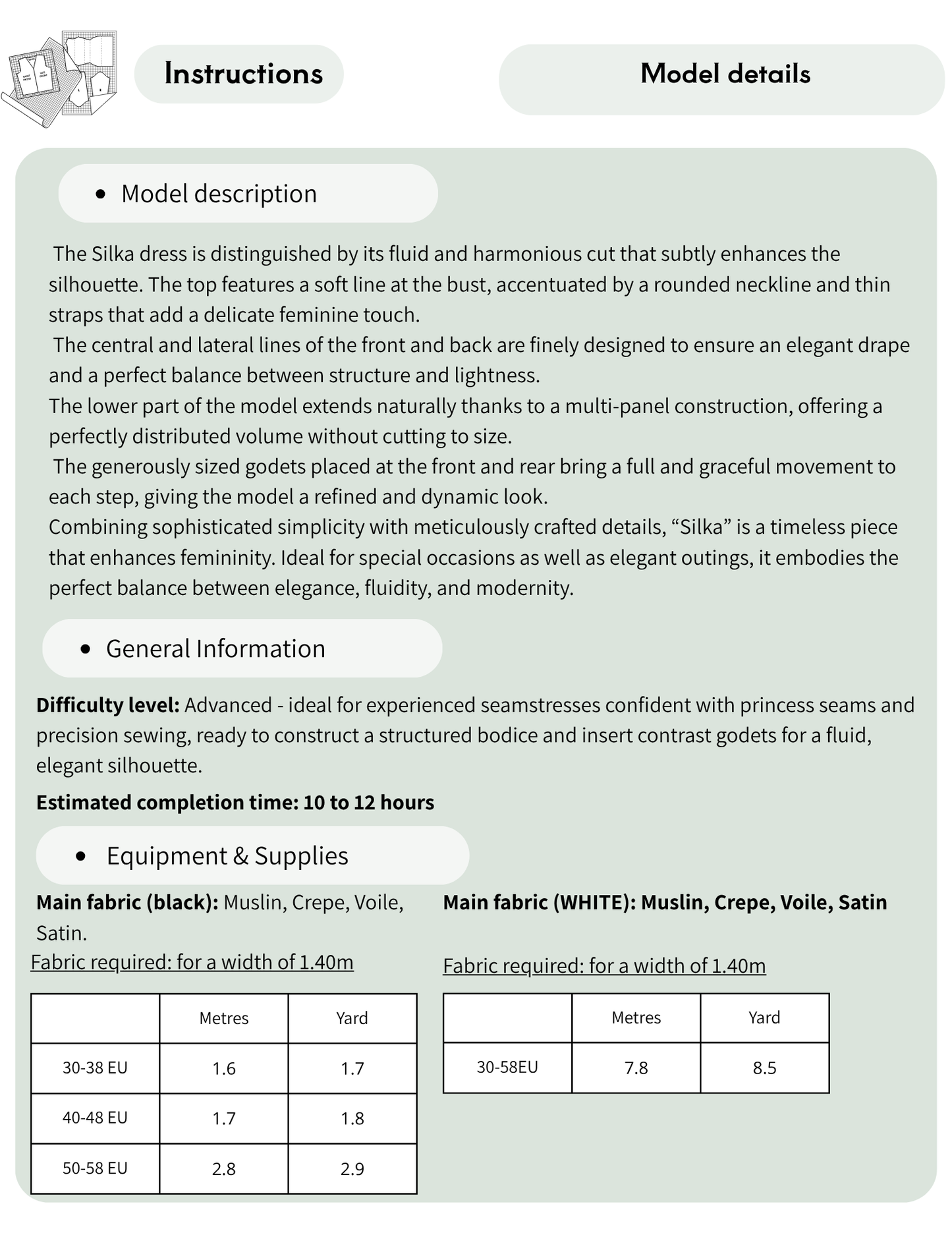 Instruction sheet and model details diagram for constructing a Silika dress form, showing text instructions, estimated time, equipment, and a fabric requirement table with measurements in metres and yards.