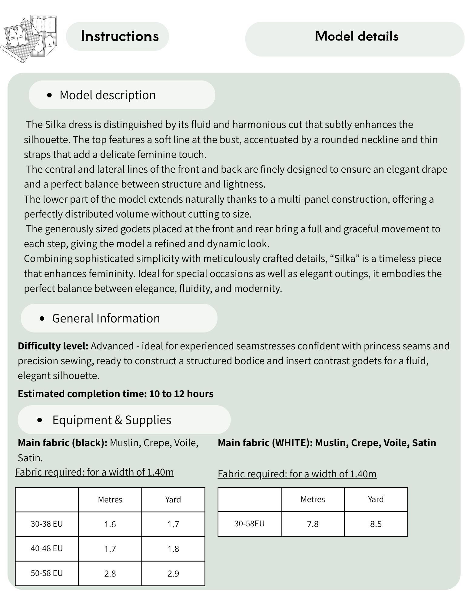 Instruction sheet and model details diagram for constructing a Silika dress form, showing text instructions, estimated time, equipment, and a fabric requirement table with measurements in metres and yards.