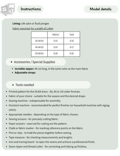 An informational product sheet with a pale green background showing sewing pattern instructions and model details. The page includes text about lining fabric width, a small fabric measurement table, accessory notes, tools needed, and a small sewing machine diagram.