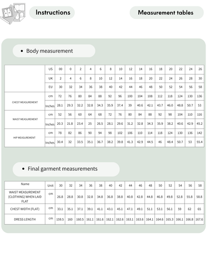 A sizing and measurement chart with sections for body measurement tables and final garment measurements, including a small sewing machine icon in the top left corner.