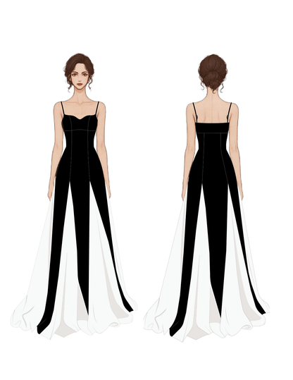 Black and white evening gown displayed from front and back on a white background