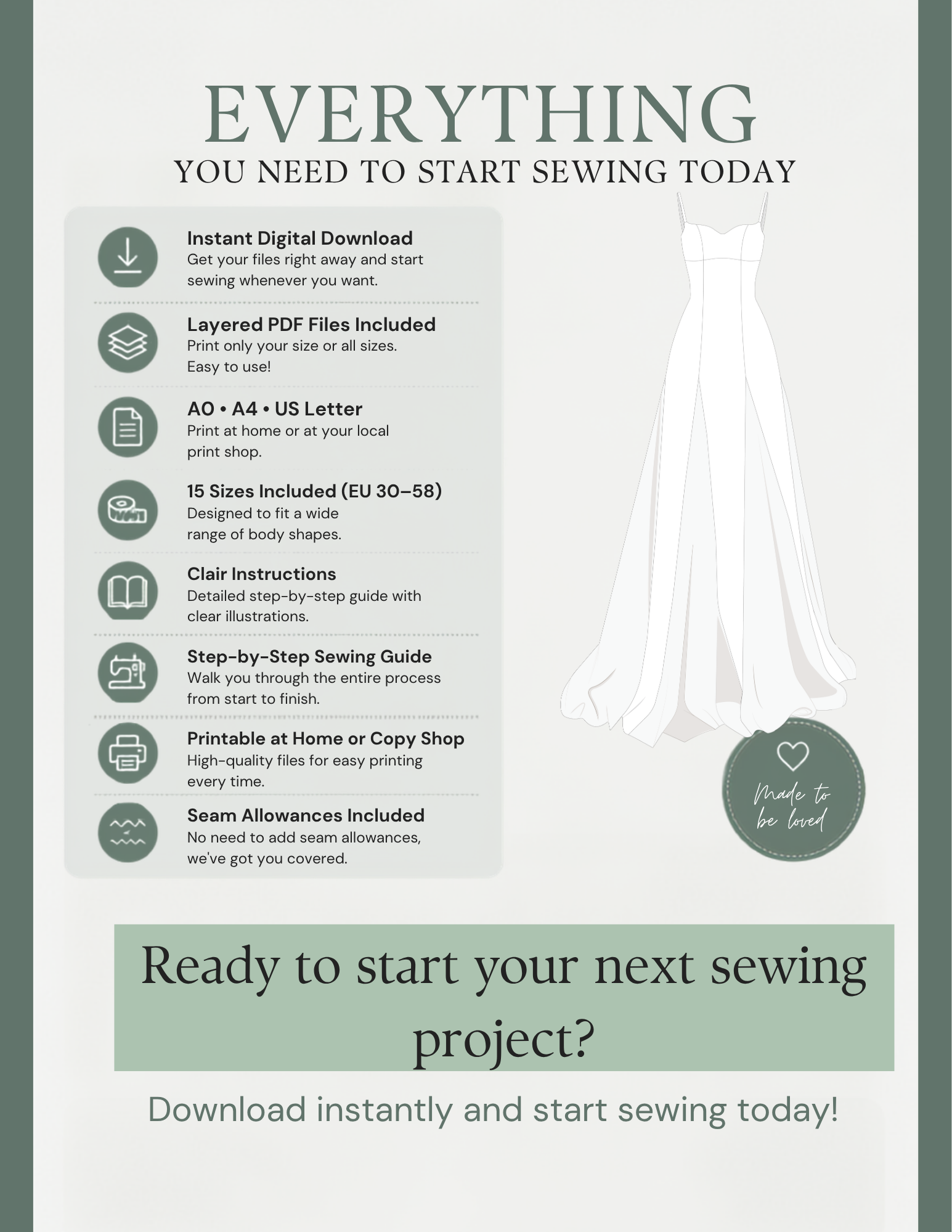 Promotional graphic for a digital sewing pattern download, featuring a white wedding dress illustration, a list of included digital files and features, and text encouraging users to start their next sewing project.