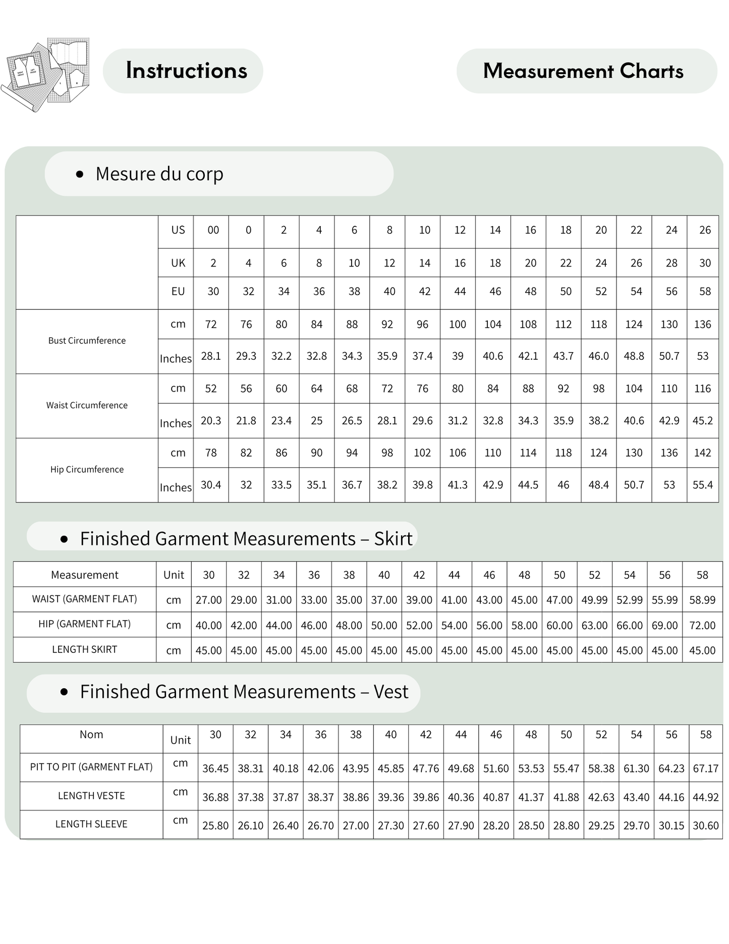 A printed measurement chart and instructions sheet showing body measurements, finished garment measurements for skirt and vest, and sizing tables in inches and centimeters.