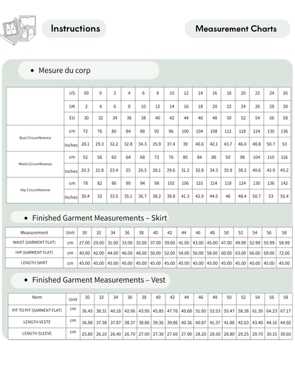 A printed measurement chart and instructions sheet showing body measurements, finished garment measurements for skirt and vest, and sizing tables in inches and centimeters.
