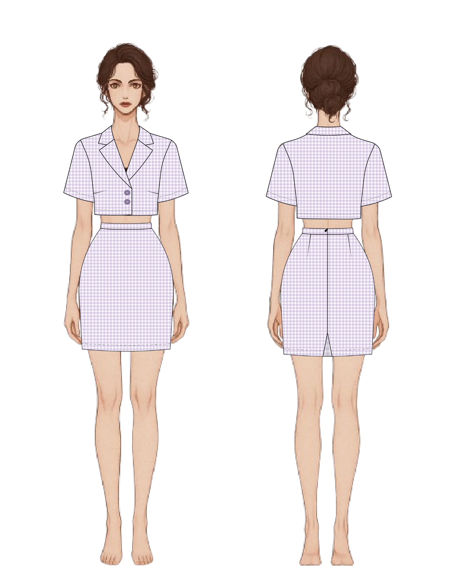 Front and back views of a short-sleeve cropped blazer and matching mini skirt set in a very fine small gingham pattern, shown on a plain white background.