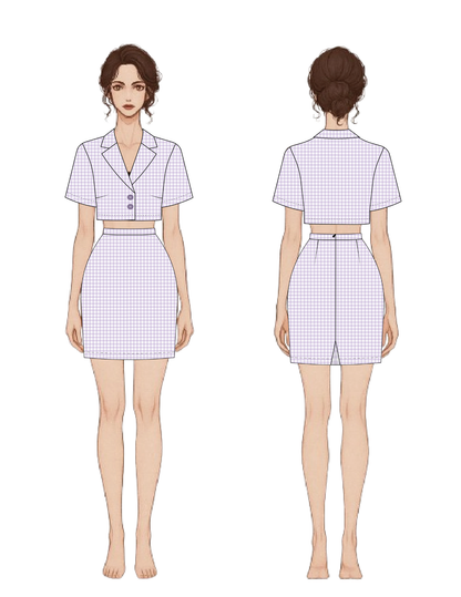 Front and back views of a short-sleeve cropped blazer and matching mini skirt set in a very fine small gingham pattern, shown on a plain white background.