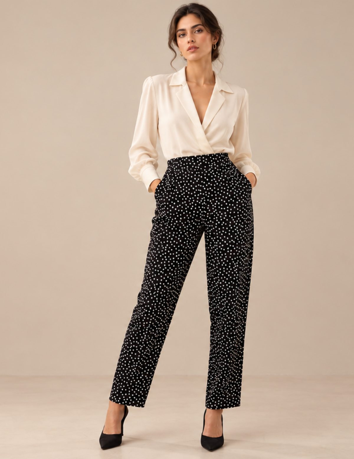 Woman wearing Suri high-waisted 
straight-leg trousers in black and 
white polka dot fabric, styled with a 
cream blouse to showcase the fit 
and ankle-length silhouette