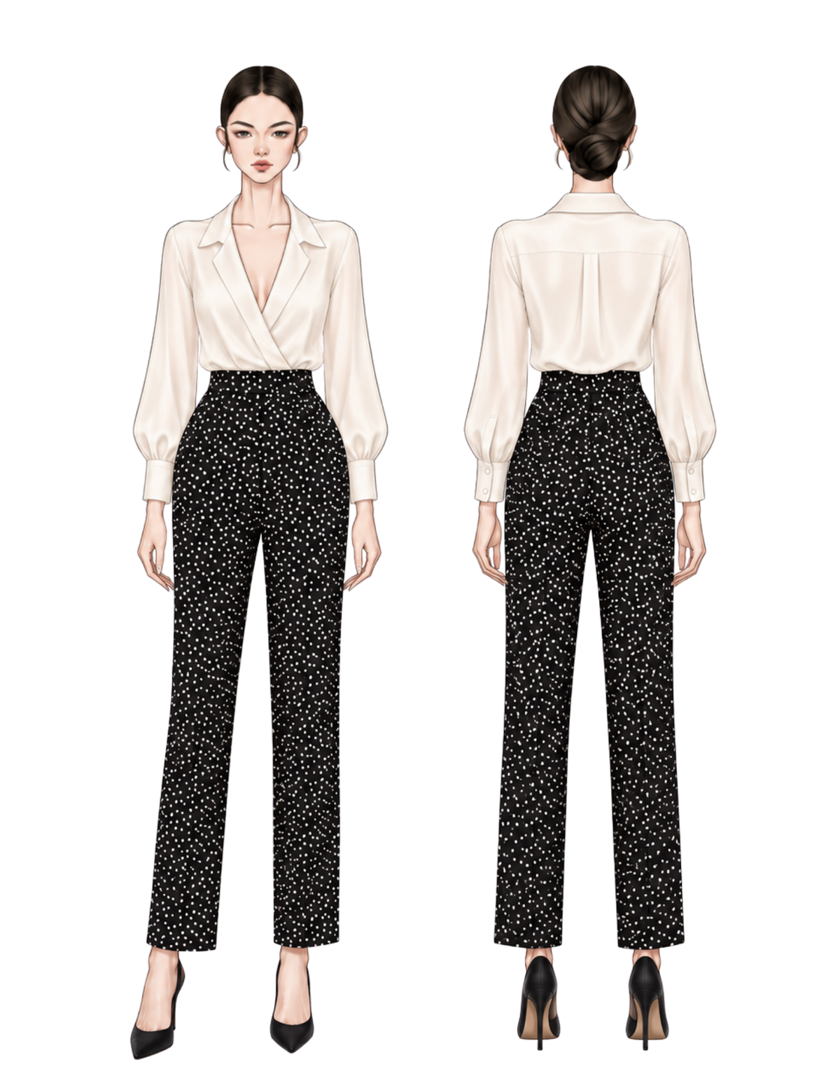Front and back fashion illustrations 
of the Suri women's trousers sewing 
pattern, showing high-waisted polka 
dot pants with straight tapered legs 
and a clean waistband.
