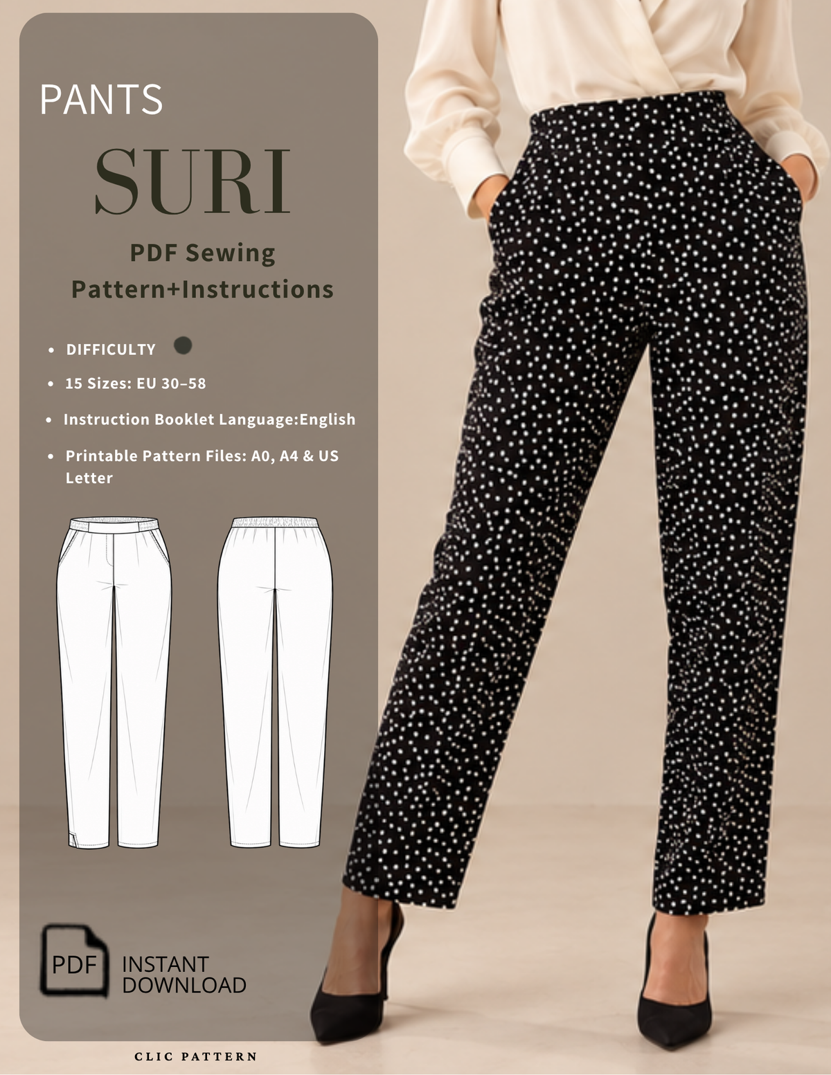 Women's Suri pants sewing pattern 
PDF featuring high-waisted straight
leg trousers with slanted pockets, 15 
sizes EU 30–58, and printable A0, A4 
and US Letter files.