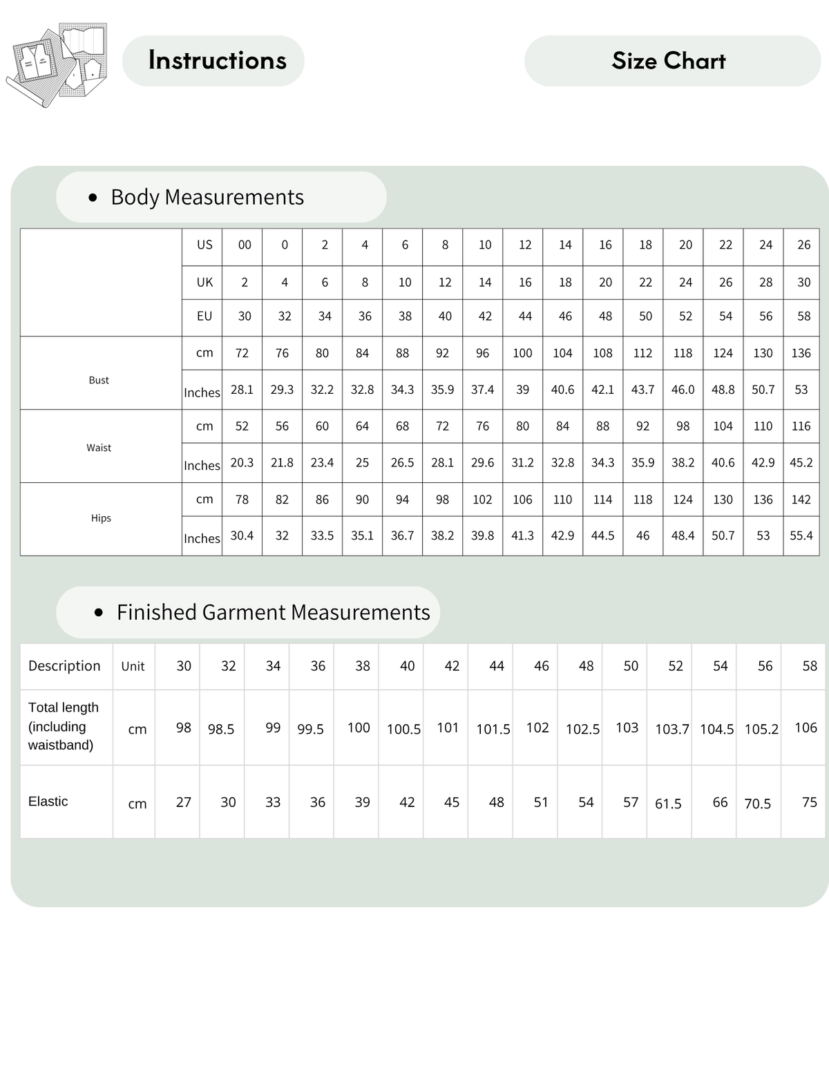 Suri pants sewing pattern size chart 
with body measurements and 
finished garment measurements for 
15 European sizes from EU 30 to 58.
