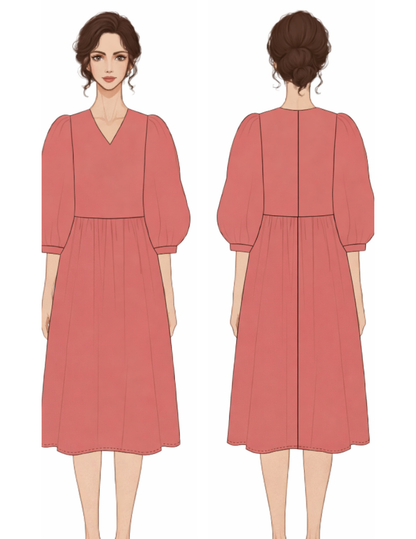 Technical front and back illustration of the MIMA dress sewing pattern with puff sleeves, V-neck and gathered skirt