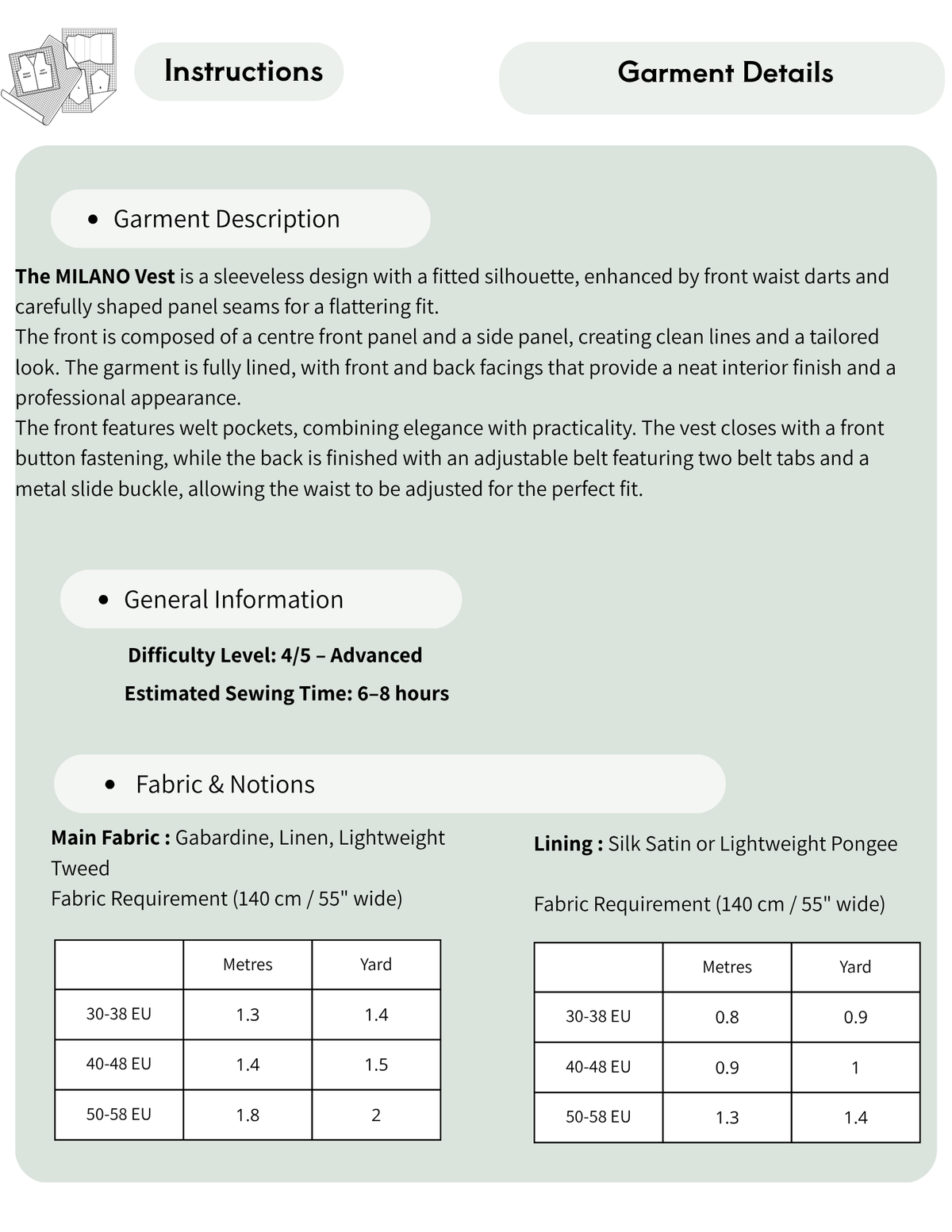 A product information sheet for the MILANO Vest, showing garment details, sewing instructions, and fabric specifications in a clean, structured layout with tables and text.
