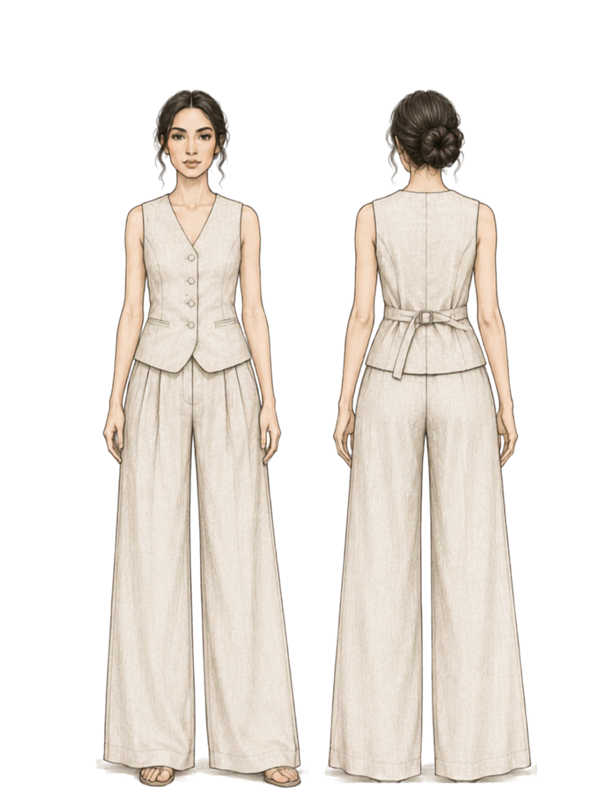 A fashion illustration showing a sleeveless beige wide-leg jumpsuit from the front and back. The jumpsuit features a structured vest top with a buttoned V-neckline, a peplum waist, and matching wide-leg trousers.