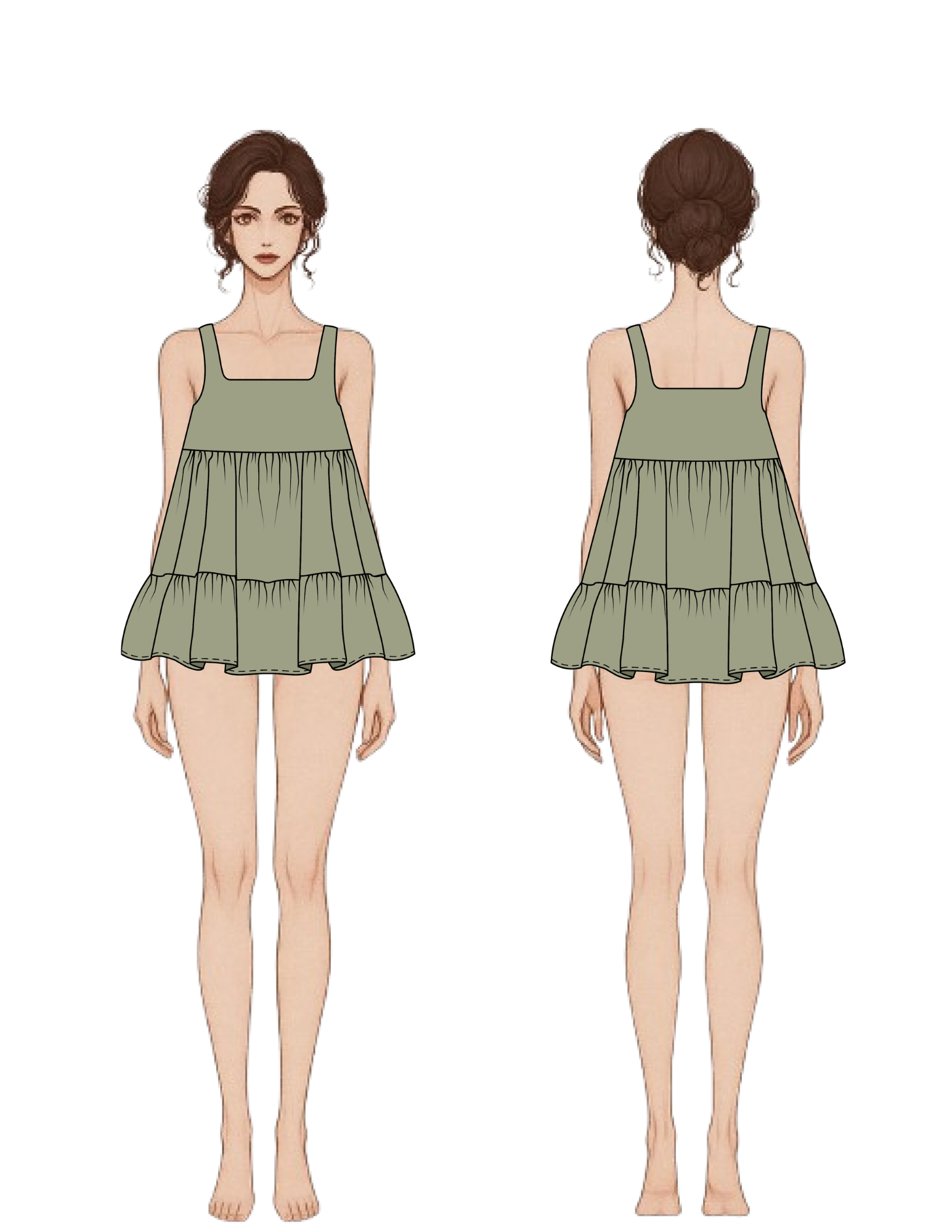 Front and back views of a sleeveless tiered mini dress in sage green, shown on a stylized female model against a plain white background.