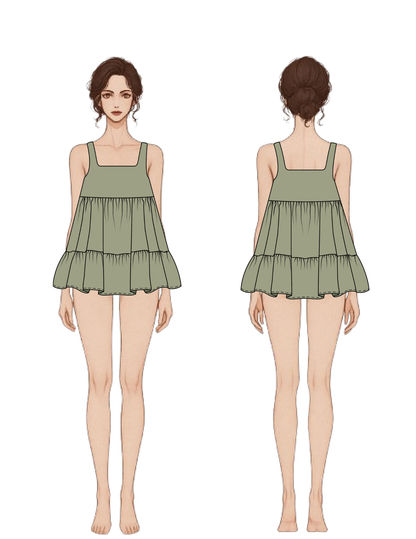 Front and back views of a sleeveless tiered mini dress in sage green, shown on a stylized female model against a plain white background.