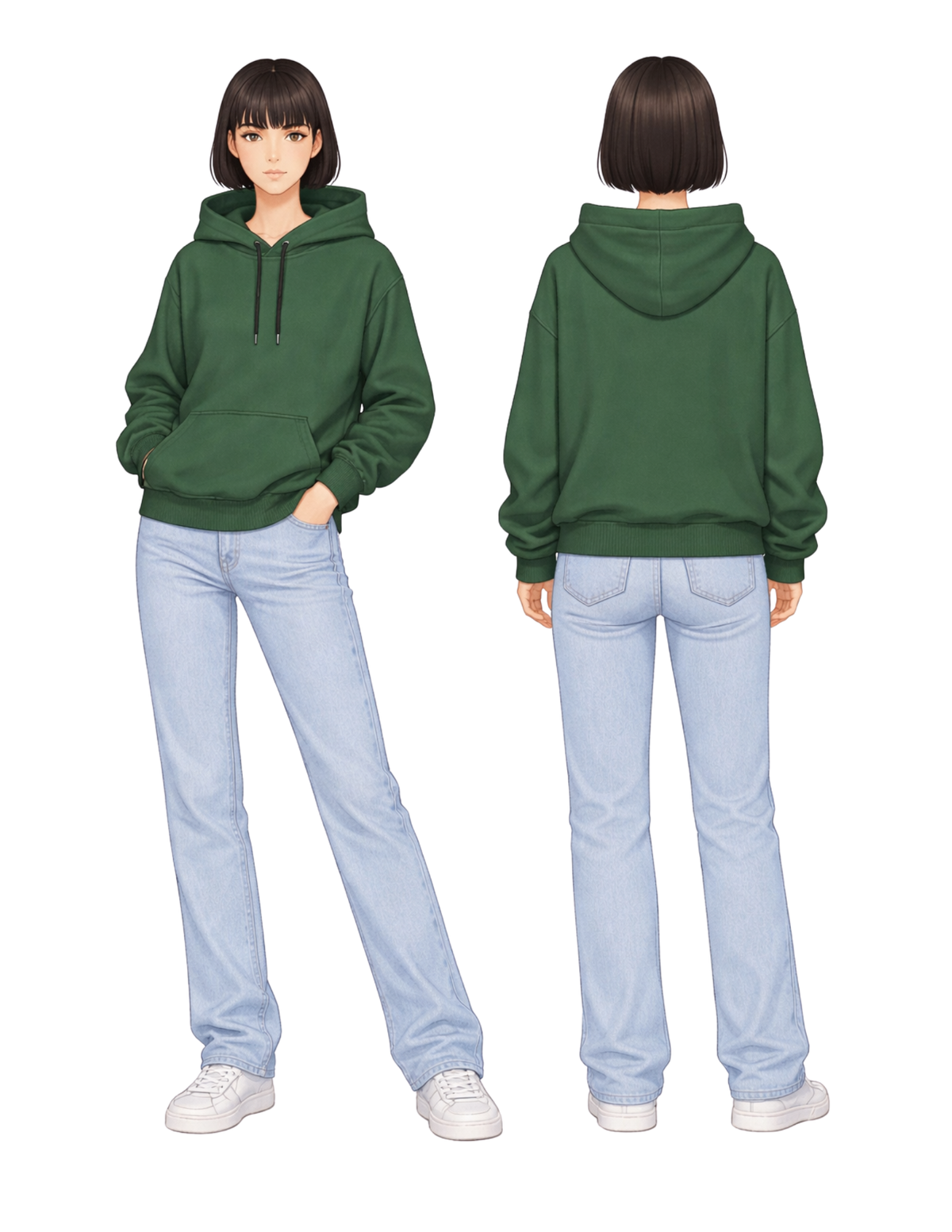 VERNA women's hoodie shown from 
front and back, featuring a hood, 
drawstring, kangaroo pocket, long 
sleeves, cuffs, and relaxed pullover 
fit