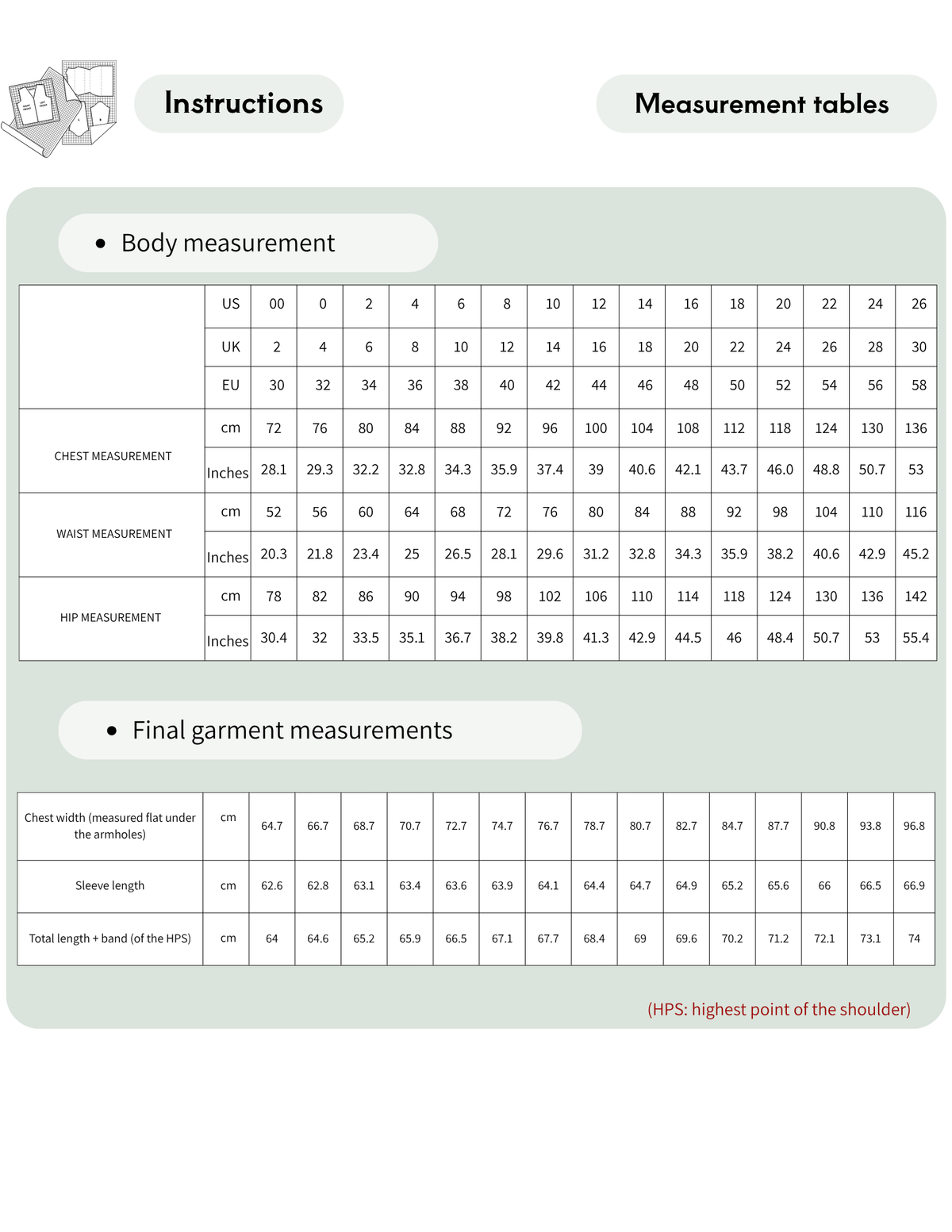 VERNA hoodie sewing pattern 
measurement chart showing body 
measurements and finished garment 
measurements for sizes EU 30-58