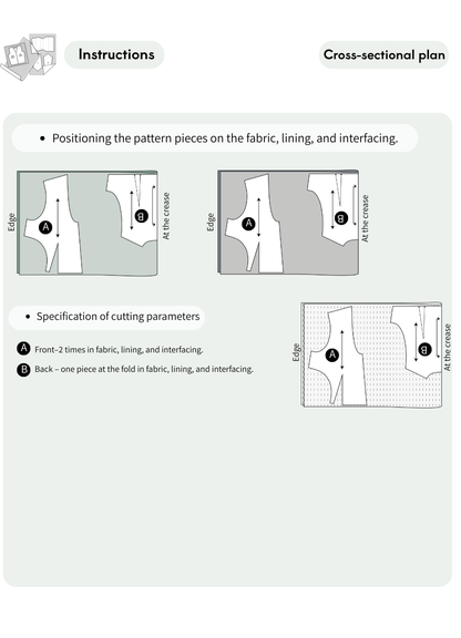 Cutting layout guide for the Women's 
Cropped Vest Sewing Pattern PDF showing pattern placement for fabric, lining, and interfacing