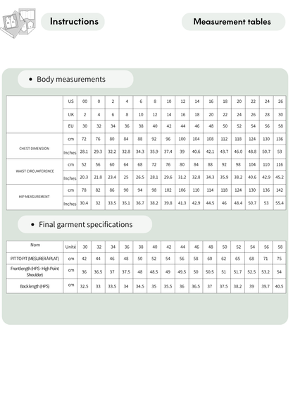 Women's Vest Sewing Pattern size chart including EU 30–58, UK 2–30, and US 00–26 with finished garment  measurements.