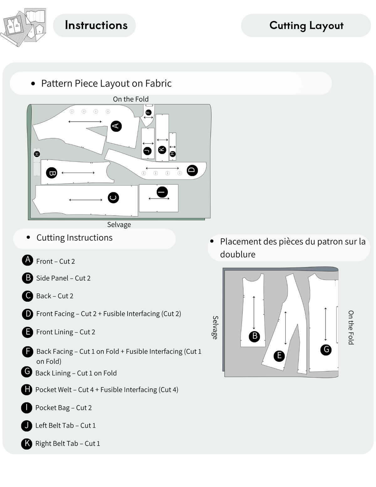 A bilingual English/French instructions sheet showing pattern piece layout and cutting layout for a garment, with labeled diagram panels and a list of cut instructions.