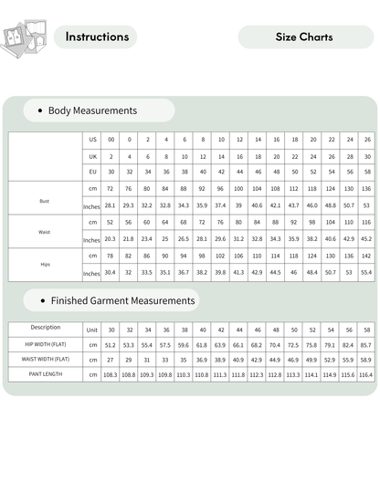 A size chart and instructions graphic for apparel measurements, showing a body measurements table with US, UK, EU, bust, waist, and hips in inches and centimeters, plus a finished garment measurements table.