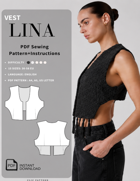 Women's Cropped Vest Sewing Pattern PDF cover featuring a modern open front sleeveless waistcoat with beginner-friendly digital sewing pattern 
in sizes EU 30–58.