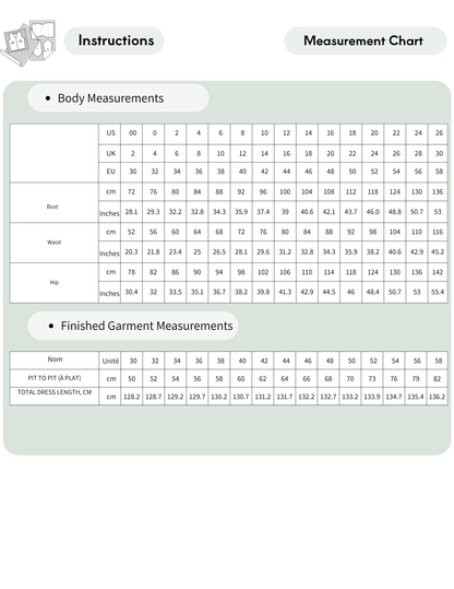 A measurement chart and instructions sheet showing body measurements and finished garment measurements in a table format with US, UK, EU, and cm conversions.