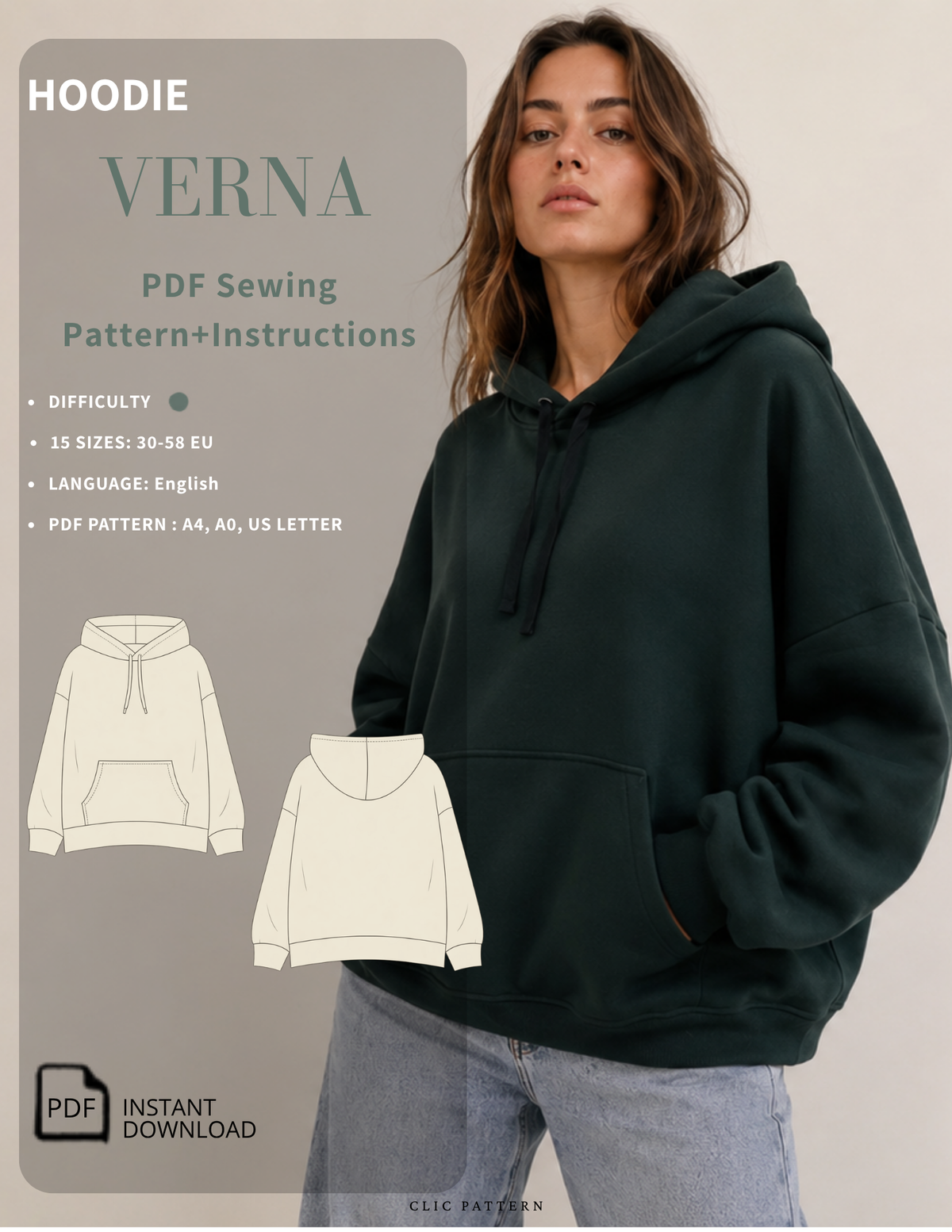 Women's VERNA hoodie sewing 
pattern PDF featuring an easy 
pullover hoodie with a hood, 
drawstring, kangaroo pocket, and 
relaxed fit. Sizes 30-58 EU
