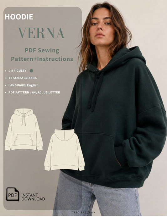 Women's VERNA hoodie sewing 
pattern PDF featuring an easy 
pullover hoodie with a hood, 
drawstring, kangaroo pocket, and 
relaxed fit. Sizes 30-58 EU