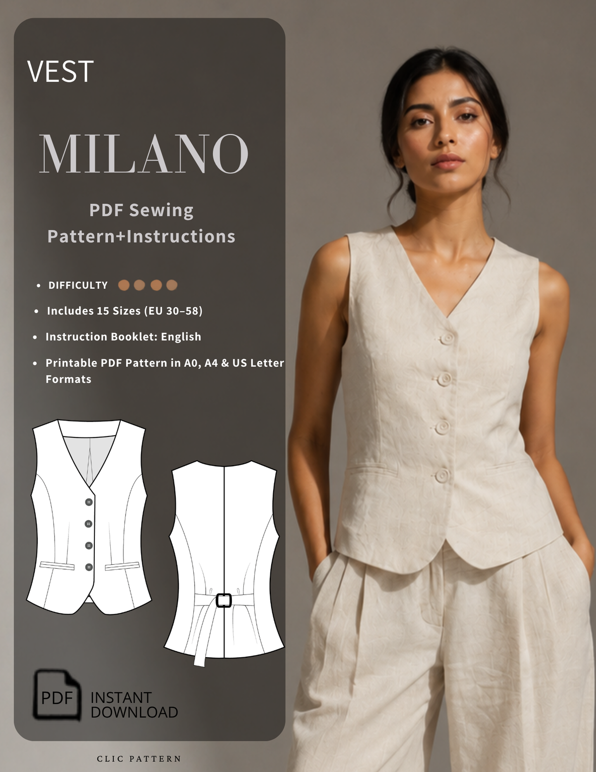 Promotional graphic for a PDF sewing pattern of a vest named Milano. The left side features a dark gray panel with product details, including difficulty level, sizes, and line drawings of the vest.