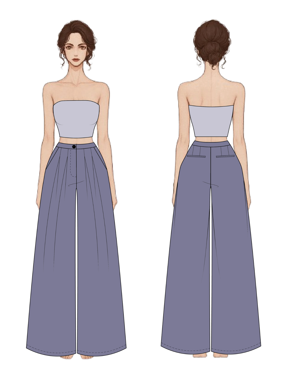 Front and back views of a woman wearing a strapless lavender crop top with matching wide-leg high-waisted pants, shown as a clean fashion illustration on a white background.