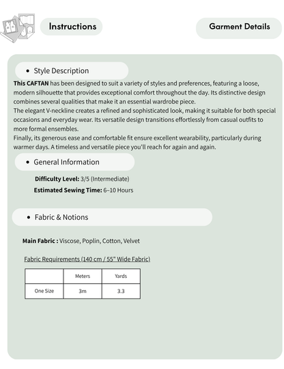 A digital document detailing the instructions and fabric requirements for a CAFFAN t-shirt. The page features a light sage green background with black text and bullet points outlining the style description, general information, and fabric specifications, including a small fabric measurement table.