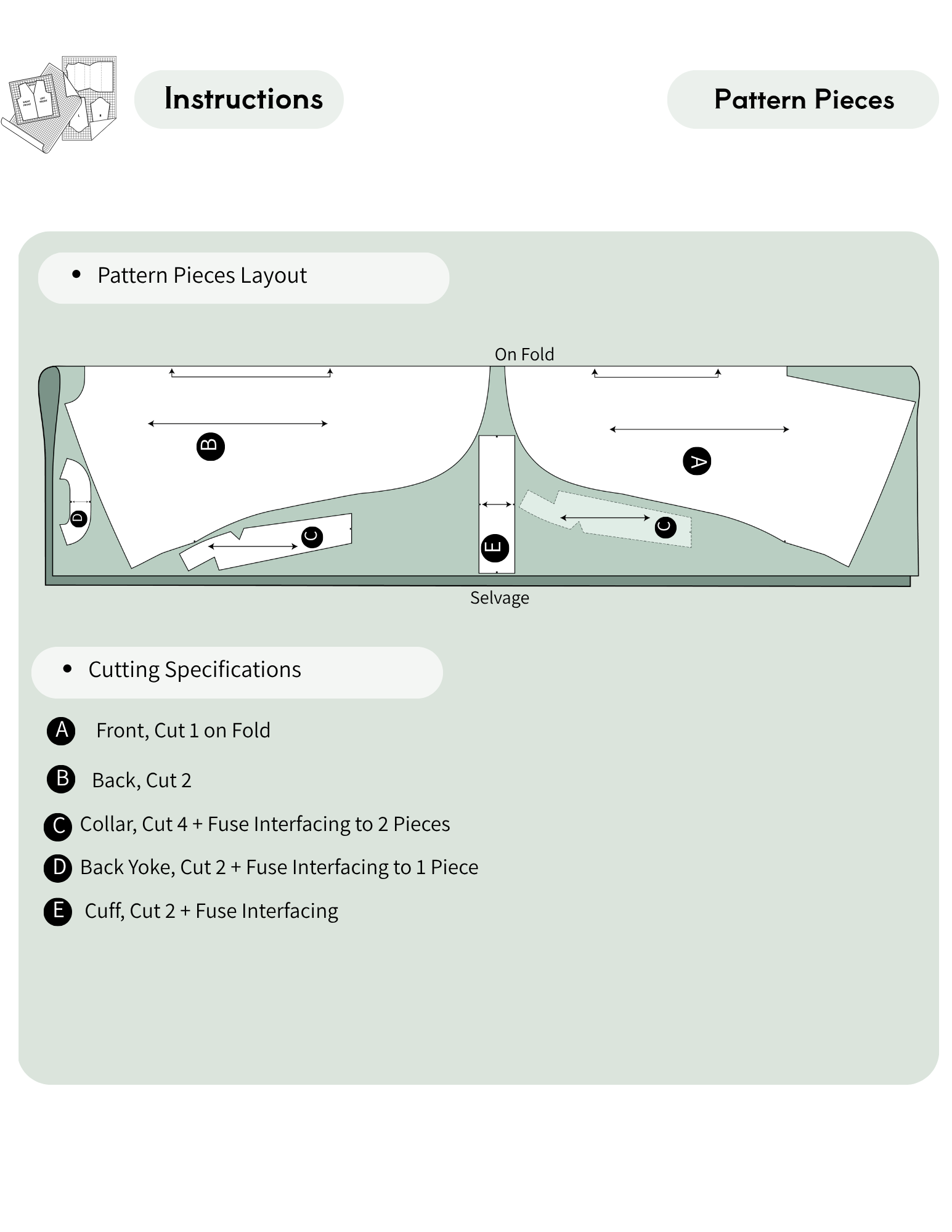 Instruction sheet titled 'Instructions' and 'Pattern Pieces' showing a pattern pieces layout diagram with labeled pieces, fold marks, and cutting specifications on a pale green background.