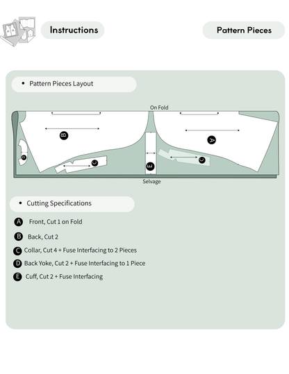 Instruction sheet titled 'Instructions' and 'Pattern Pieces' showing a pattern pieces layout diagram with labeled pieces, fold marks, and cutting specifications on a pale green background.