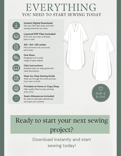 Promotional graphic for a sewing guide package titled 'EVERYTHING YOU NEED TO START SEWING TODAY'. The design features a white dress mockup on a sage green background, listing included digital files and features on the left, with a 'Ready to start your next sewing project?' banner at the bottom.