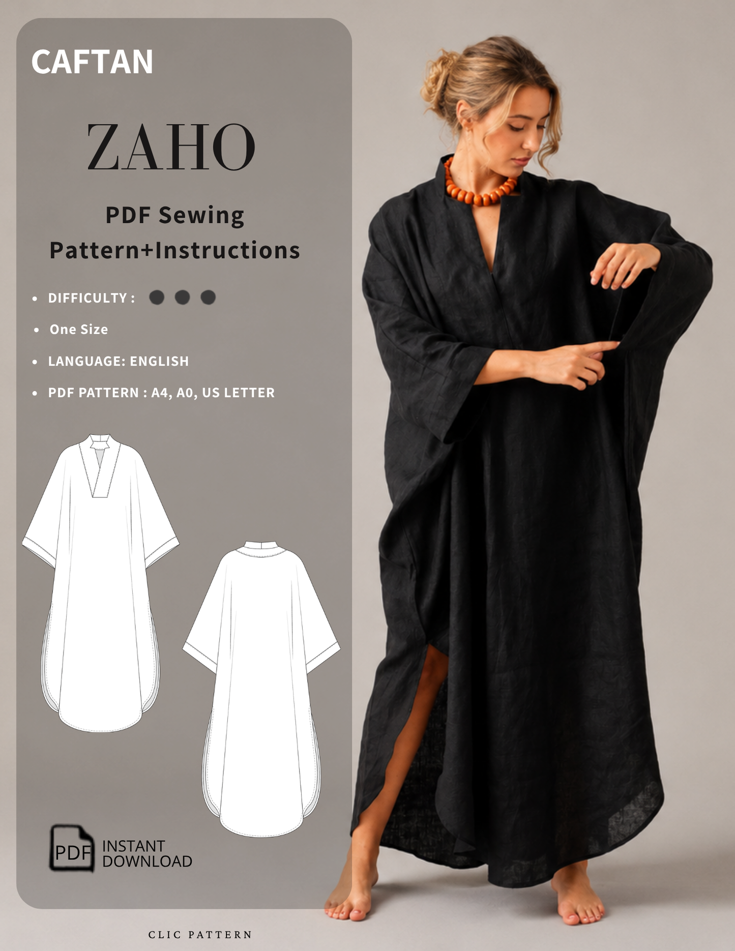 Promotional graphic for a PDF sewing pattern of a loose black caftan/tunic dress. A woman models the garment on the right, while the left side shows the pattern cover with the title 'ZAHO', product details, two white line drawings of the garment, and 'PDF Sewing Pattern+Instructions' text.