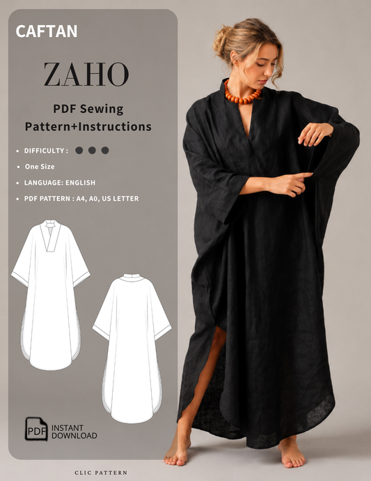 Promotional graphic for a PDF sewing pattern of a loose black caftan/tunic dress. A woman models the garment on the right, while the left side shows the pattern cover with the title 'ZAHO', product details, two white line drawings of the garment, and 'PDF Sewing Pattern+Instructions' text.